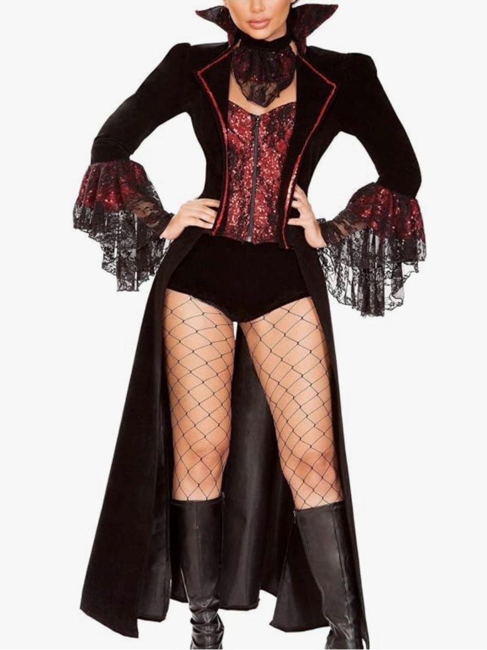 Roma Lusty Lace Vampire Costume Sequin Lace Corset & Coat One Piece